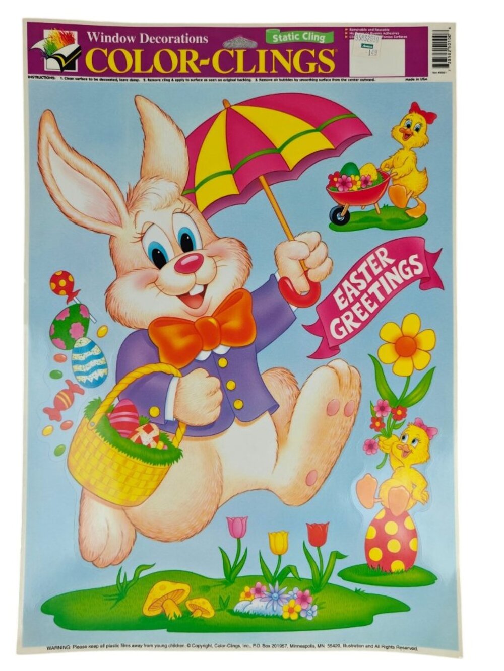 Vintage Color-Clings Easter Bunny Window Decals Static Cling 1990s USA